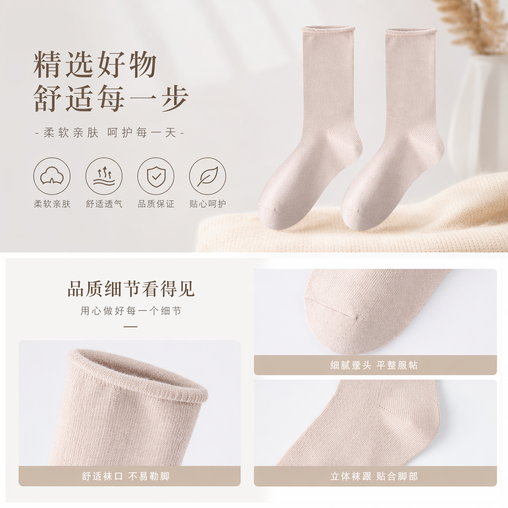 浅色袜子 纯棉吸汗透气中筒袜 男女同款基础百搭详情1