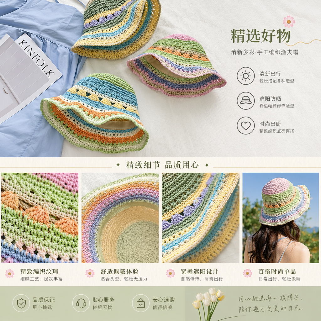 Colorful crochet hat made of cotton and linen, casual and versatile spring and summer style pic 1