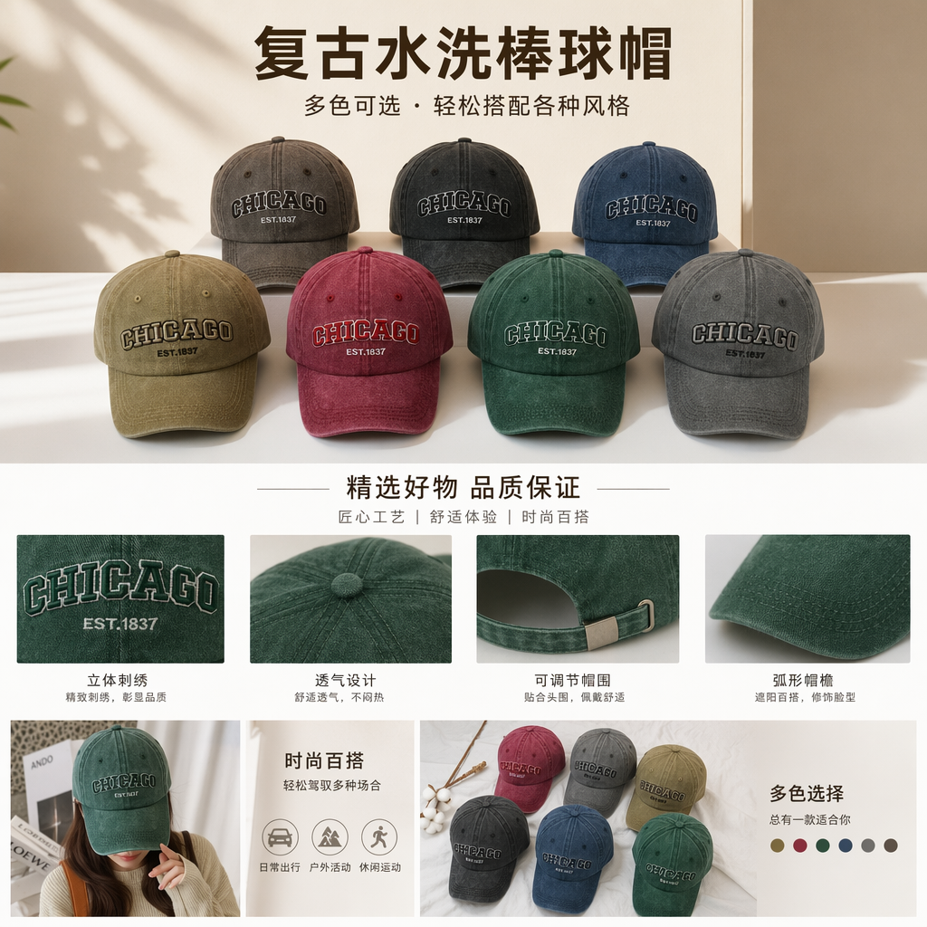 Multicolor retro-style Chicago 1837 baseball cap with seven colors: brown, black, blue, khaki, red, green and gray pic 1