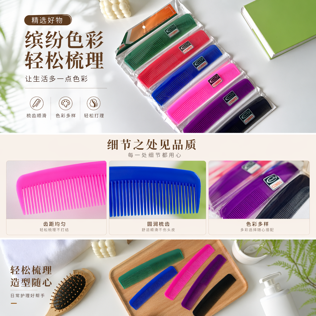 厂家直供油头梳美发连袋叉梳吊卡外贸款跨境塑料梳子批发12个一包详情1