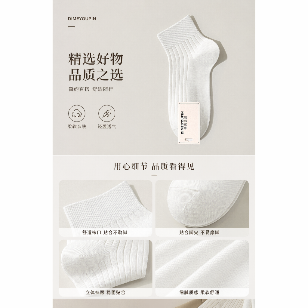 白色袜子 纯棉吸汗防臭中筒袜 男女同款详情1
