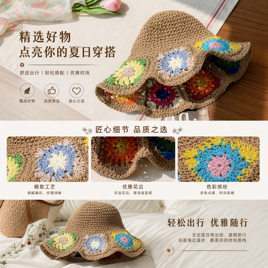 A straw woven floral sun hat for ladies, a summer vacation sun protection straw hat pic 1