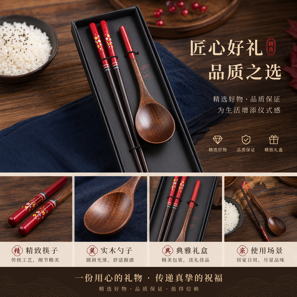 红色花纹木筷木勺餐具套装详情1