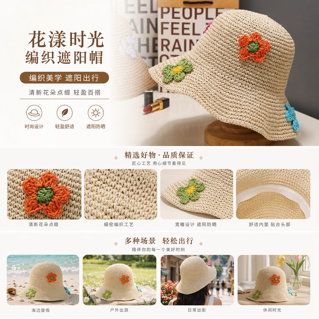 Woven floral straw hat, summer sun protection hat, women's fashionable vacation straw hat pic 1
