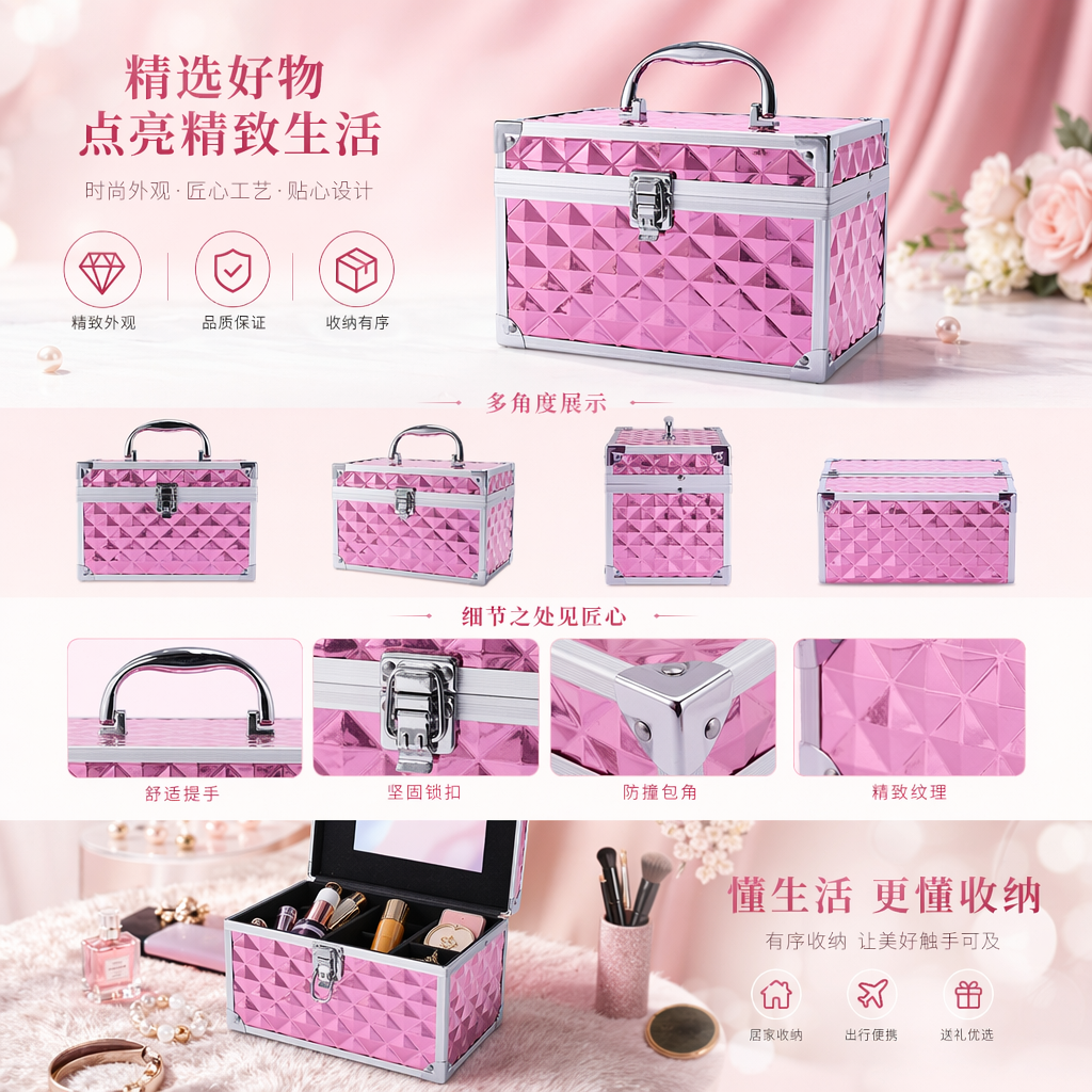 桃红水立方化妆箱 大容量便携式美妆收纳盒详情1