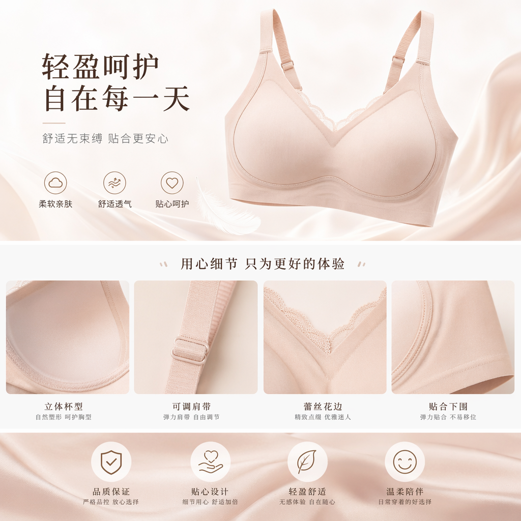 浅粉色文胸主体 舒适无钢圈聚拢内衣女详情1
