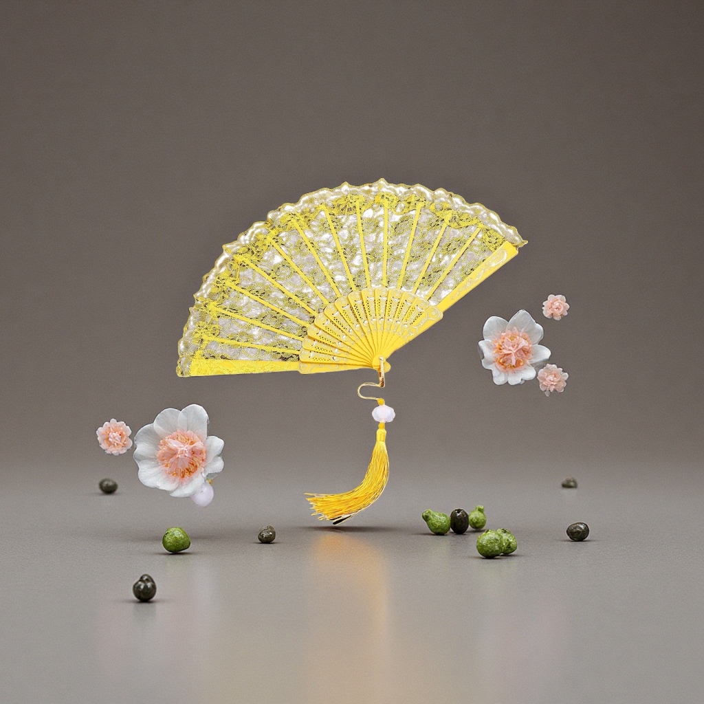 黄色蕾丝折扇 手工刺绣团扇 夏日古风纳凉扇子