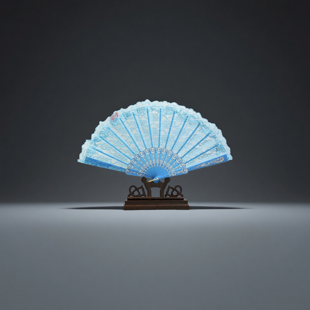 蓝色蕾丝折扇 手工刺绣便携古风女士扇子