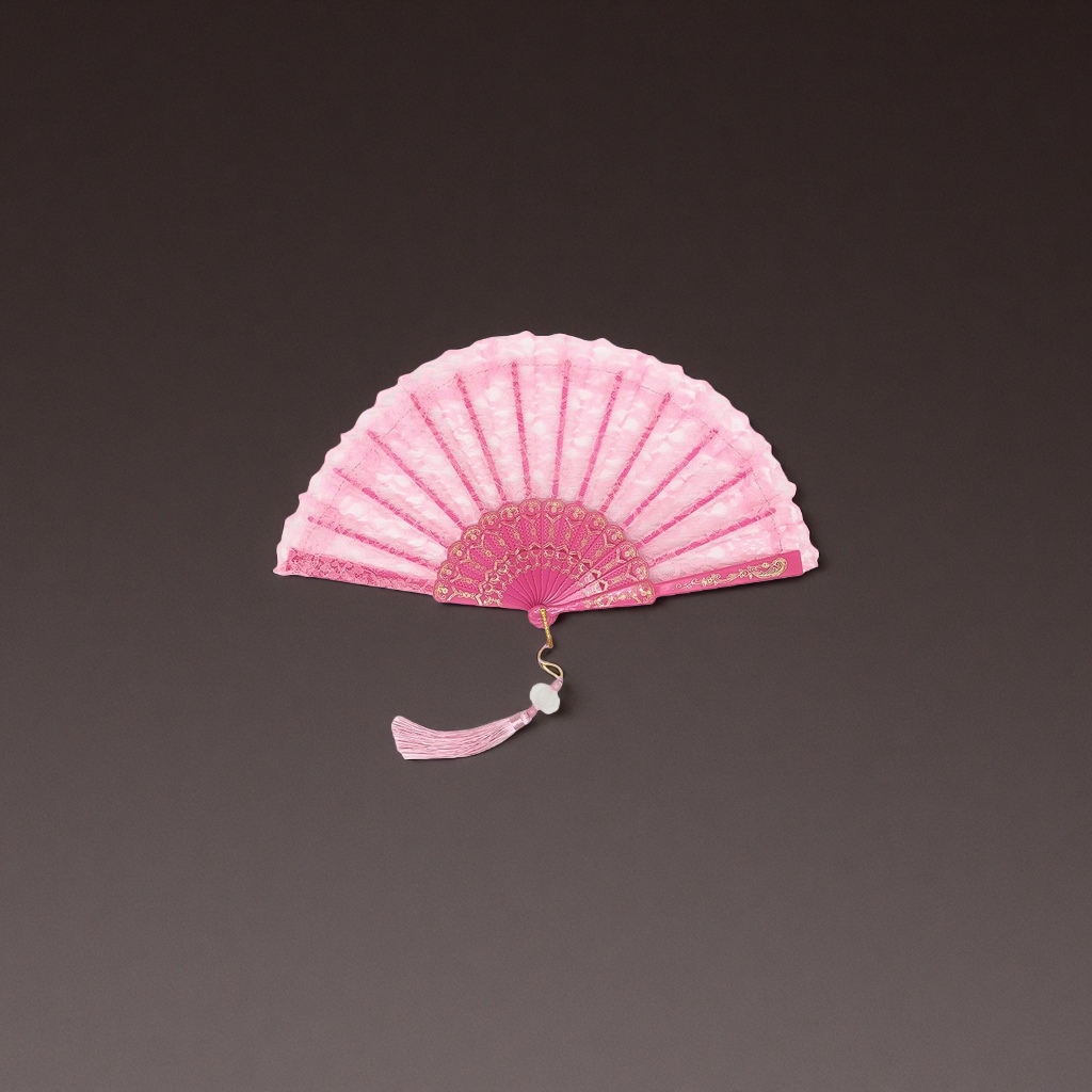 粉色蕾丝折扇 手工刺绣团扇 夏日古风纳凉扇