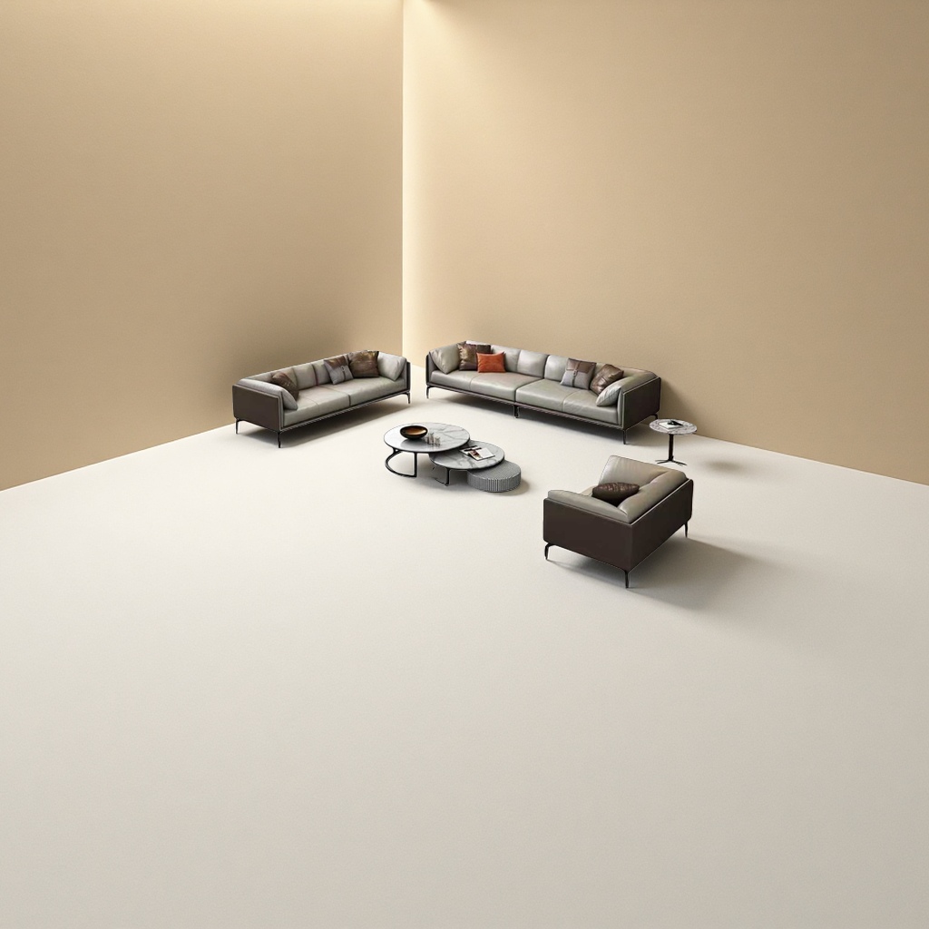 Modern minimalist style living room furniture set: sofa, coffee table, carpet, single chair details Picture