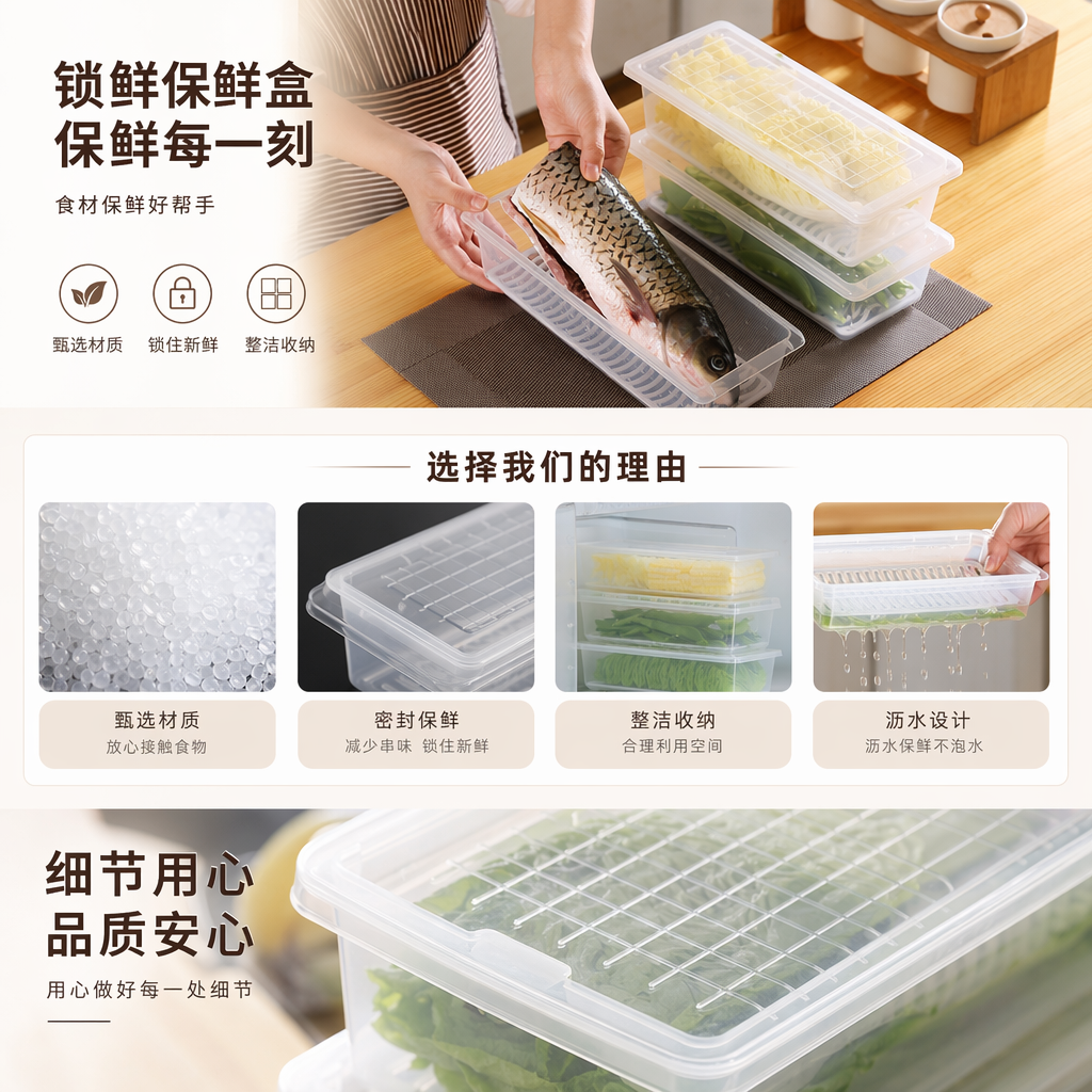 热销厨房冰箱透明海鲜食物沥水保鲜盒 密封收纳盒 水果蔬菜保鲜盒详情1