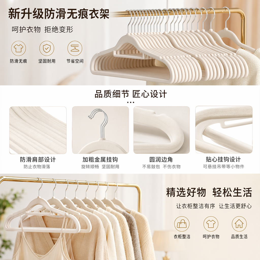 米白色防滑无痕衣架 家用挂衣架收纳整理不伤衣详情1