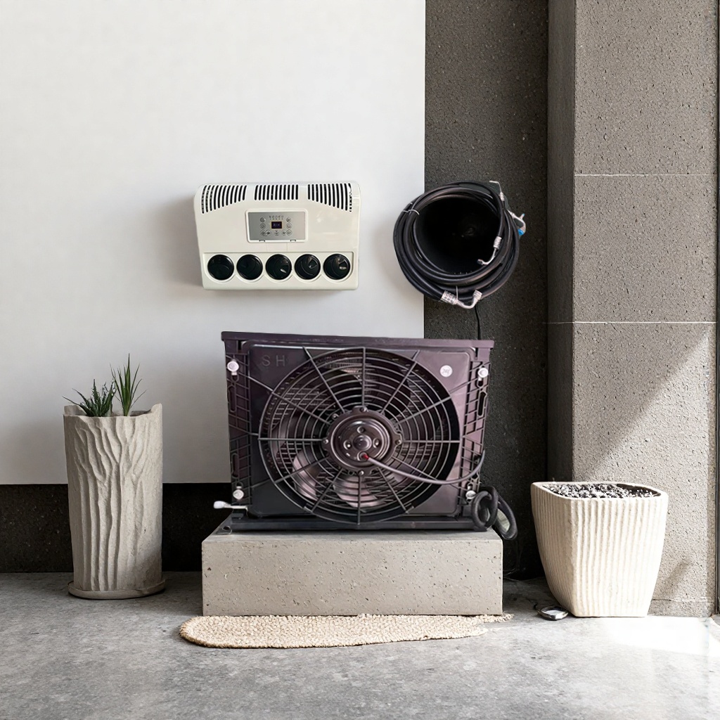 12V cooling black engineering model indoor and outdoor units suitable for RV, truck and van parking air conditioners details Picture