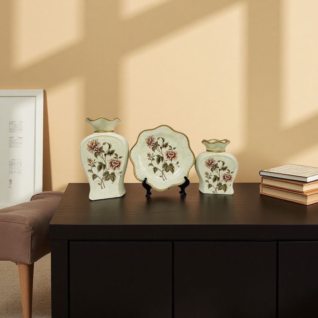 2026 New style Ceramic Vase with hotel and home patterns, golden border vase and plate decoration, ceramic vase details Picture