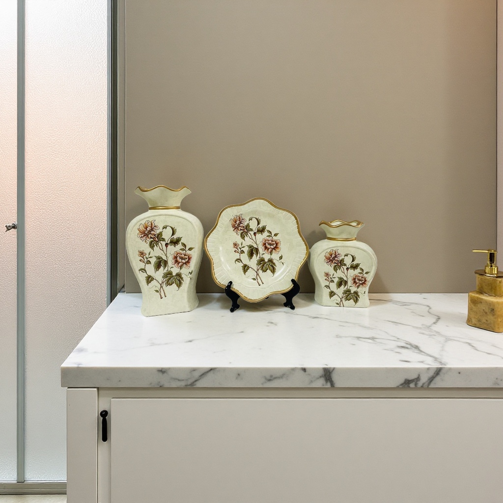 2026 New style Ceramic Vase with hotel and home patterns, golden border vase and plate decoration, ceramic vase Application Scenario