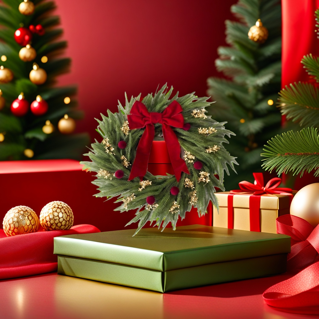 Christmas wreaths made of simulated pine branches and rattan are hung on the door to decorate the indoor festive atmosphere