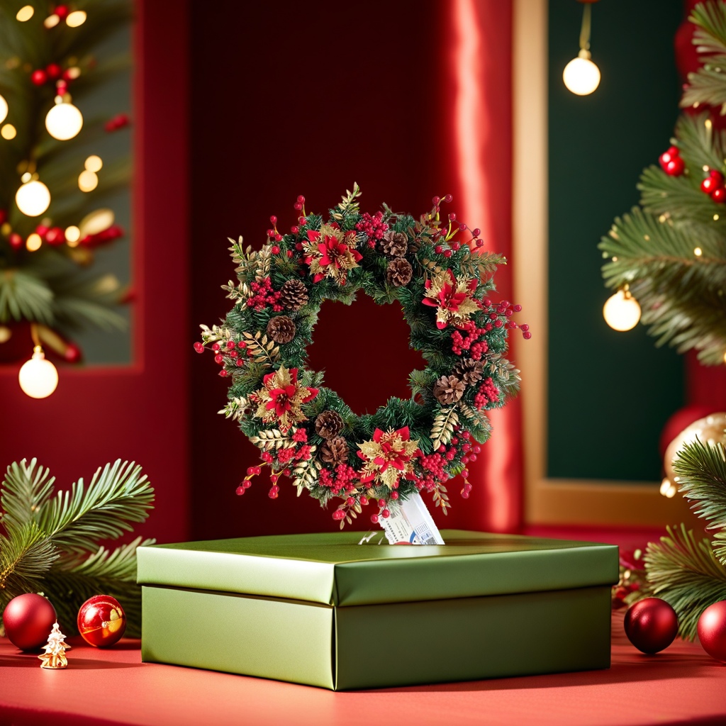 A fluffy Christmas wreath with thickened faux pine branches for hanging on the door and entrance hall as a festive decoration