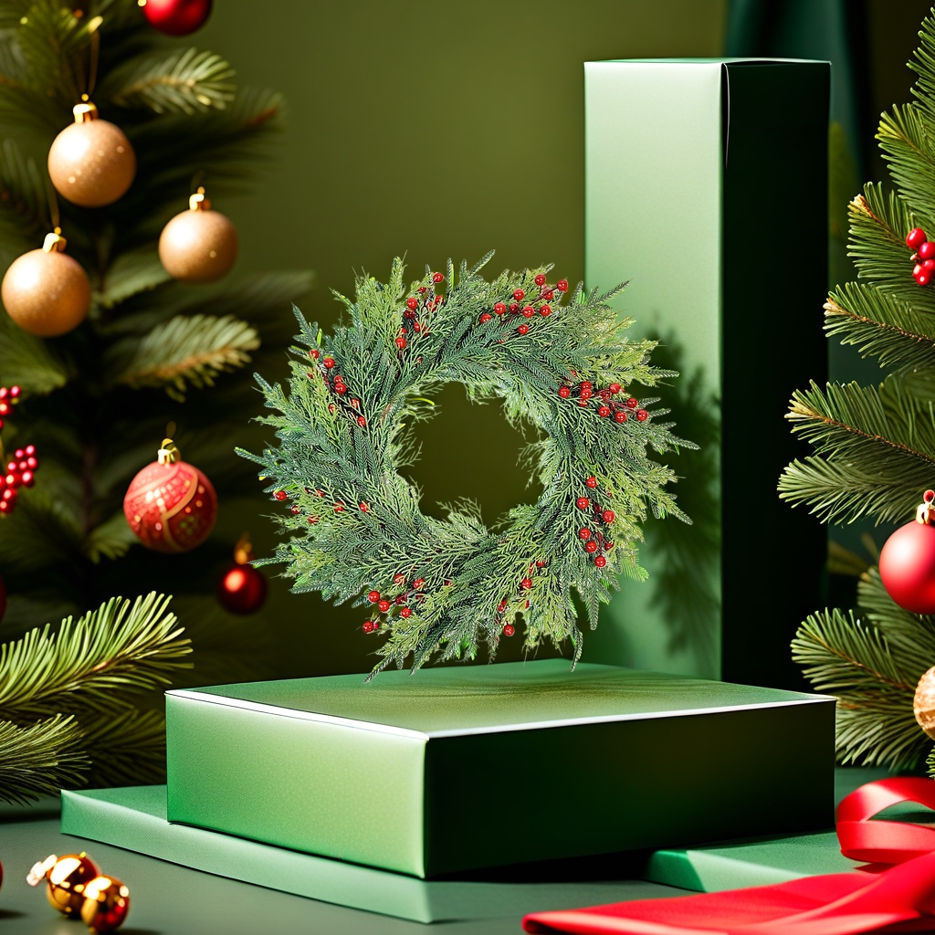 Christmas wreath with simulated cedar branches and pinecone velvet bow for festive decoration
