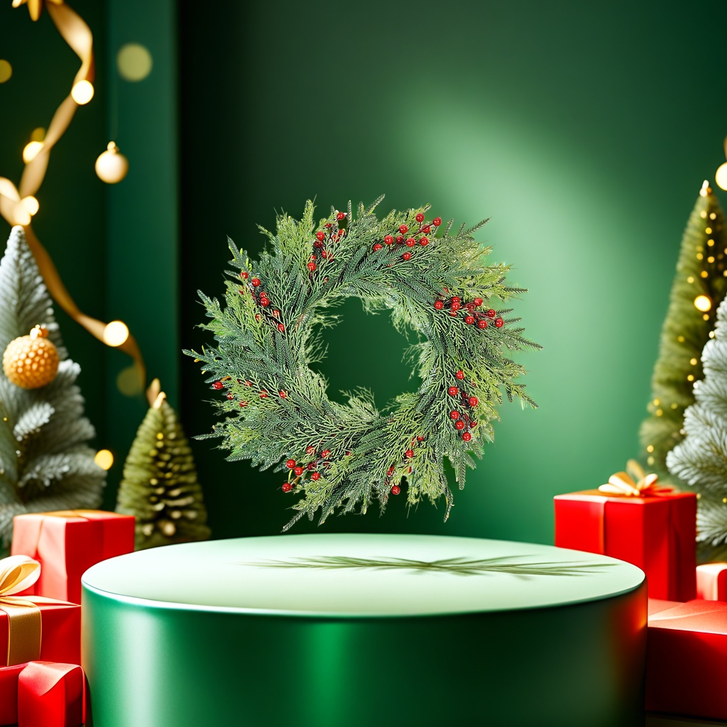 Christmas wreath with simulated cedar branches and pinecone velvet bow for festive decoration Application Scenario