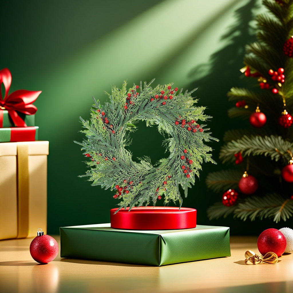Christmas wreath with simulated cedar branches and pinecone velvet bow for festive decoration Specification image
