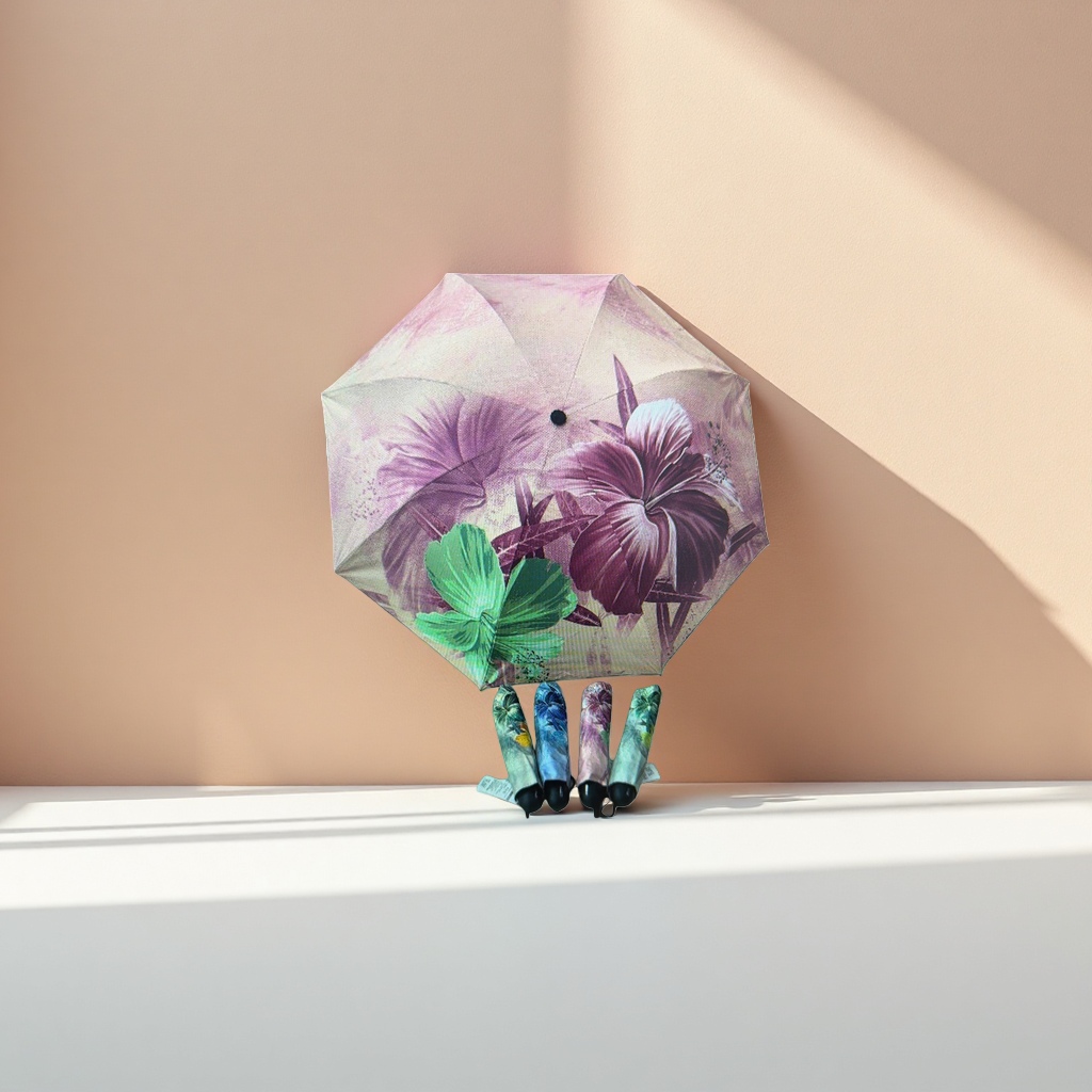 Floral pattern high-density impact-resistant fabric umbrella, three-fold portable, windproof and sun-proof details Picture