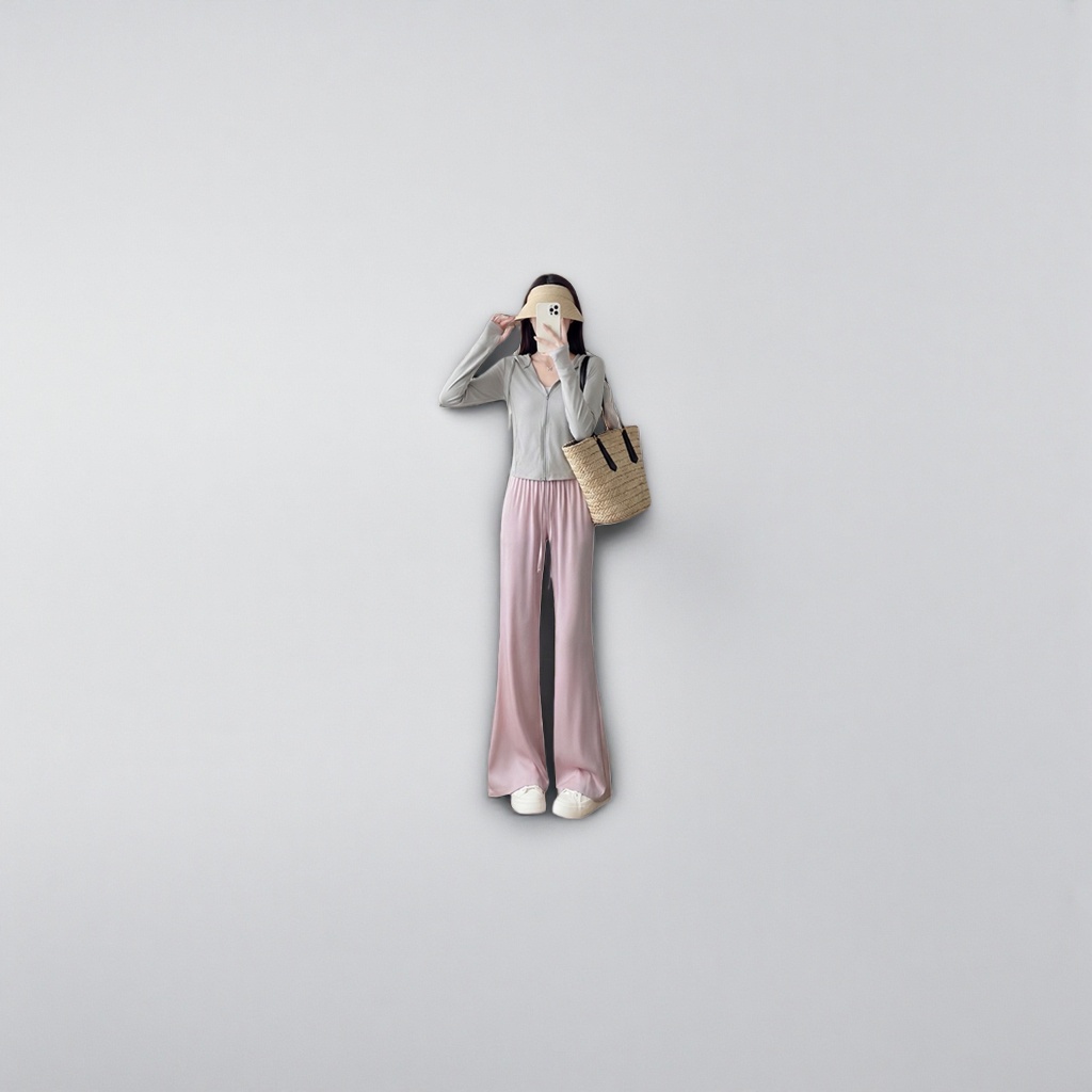 Pink tall, slender straight-leg trousers, the same style for female models, casual and versatile details Picture