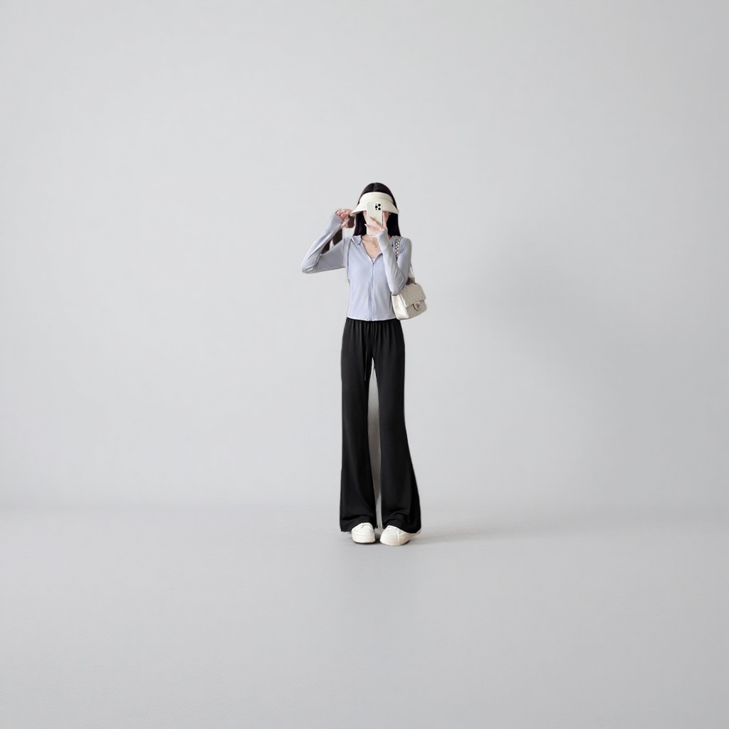 Black wide-leg pants for women, with a high waist and a slimming effect, are the same style for models Application Scenario