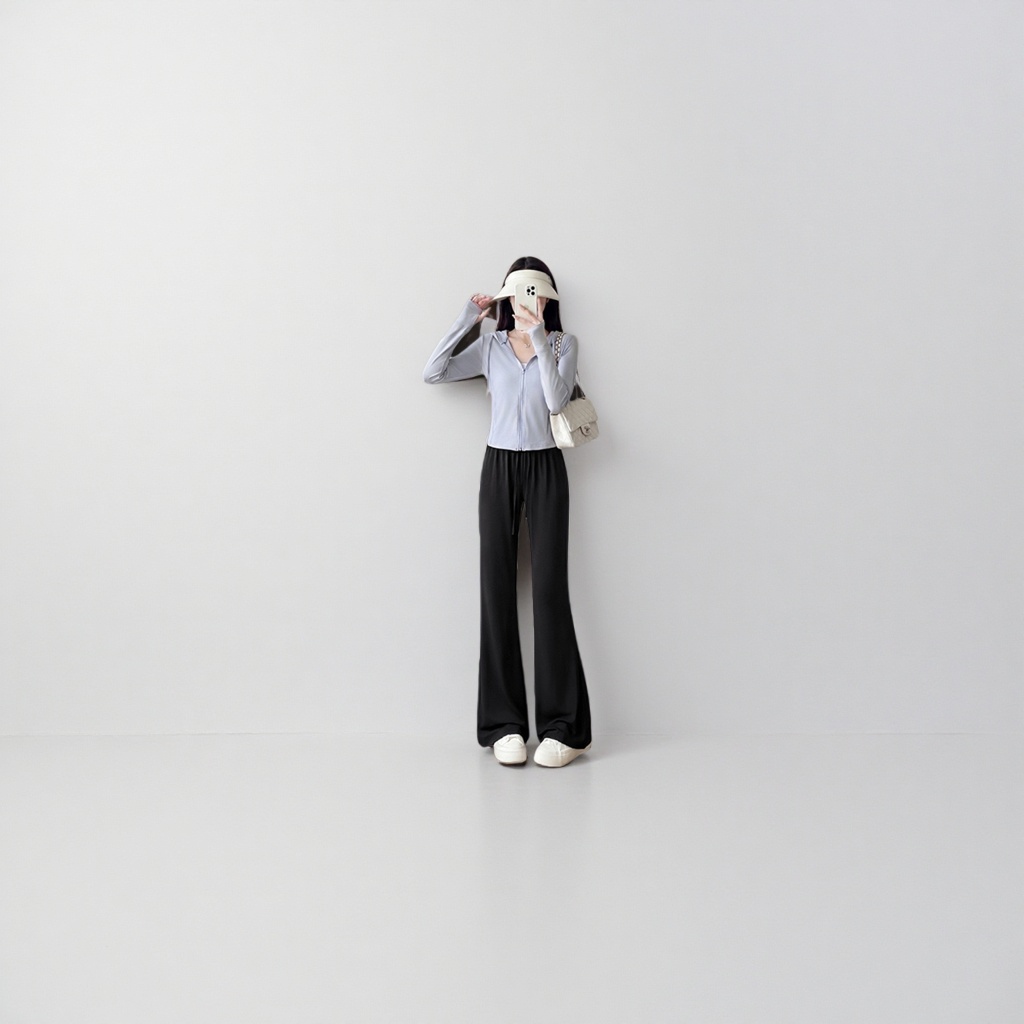 Black wide-leg pants for women, with a high waist and a slimming effect, are the same style for models details Picture