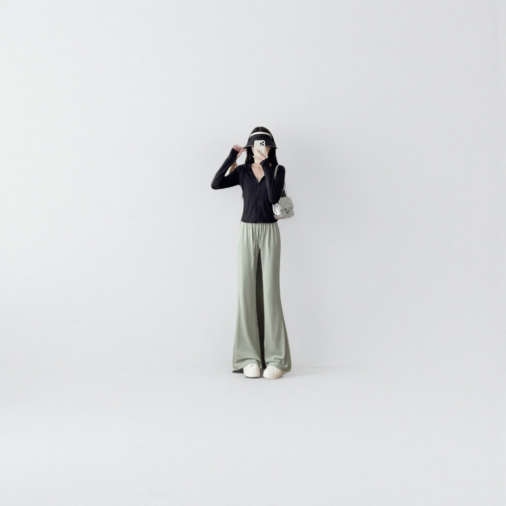 The grey-green wide-leg pants for women have a high waist and a slimming effect. They are the same style for models