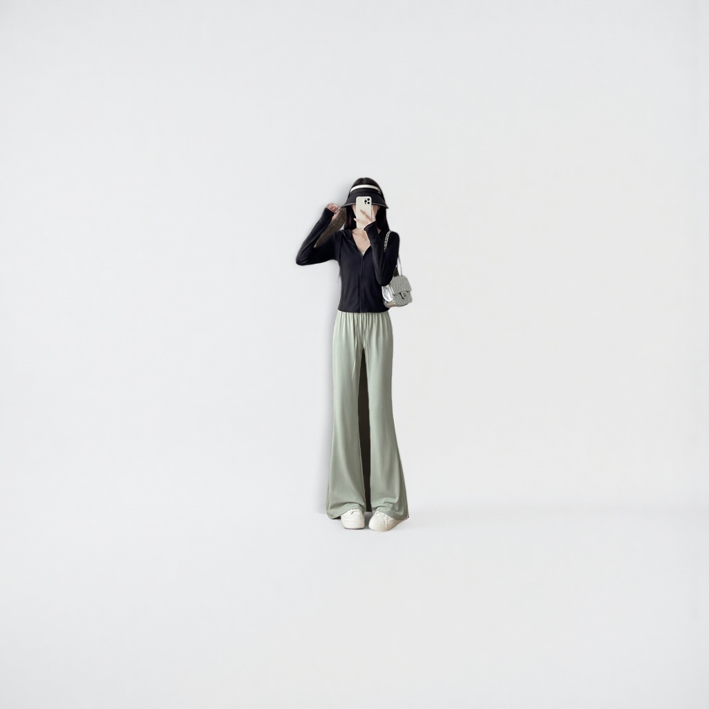 The grey-green wide-leg pants for women have a high waist and a slimming effect. They are the same style for models Specification image