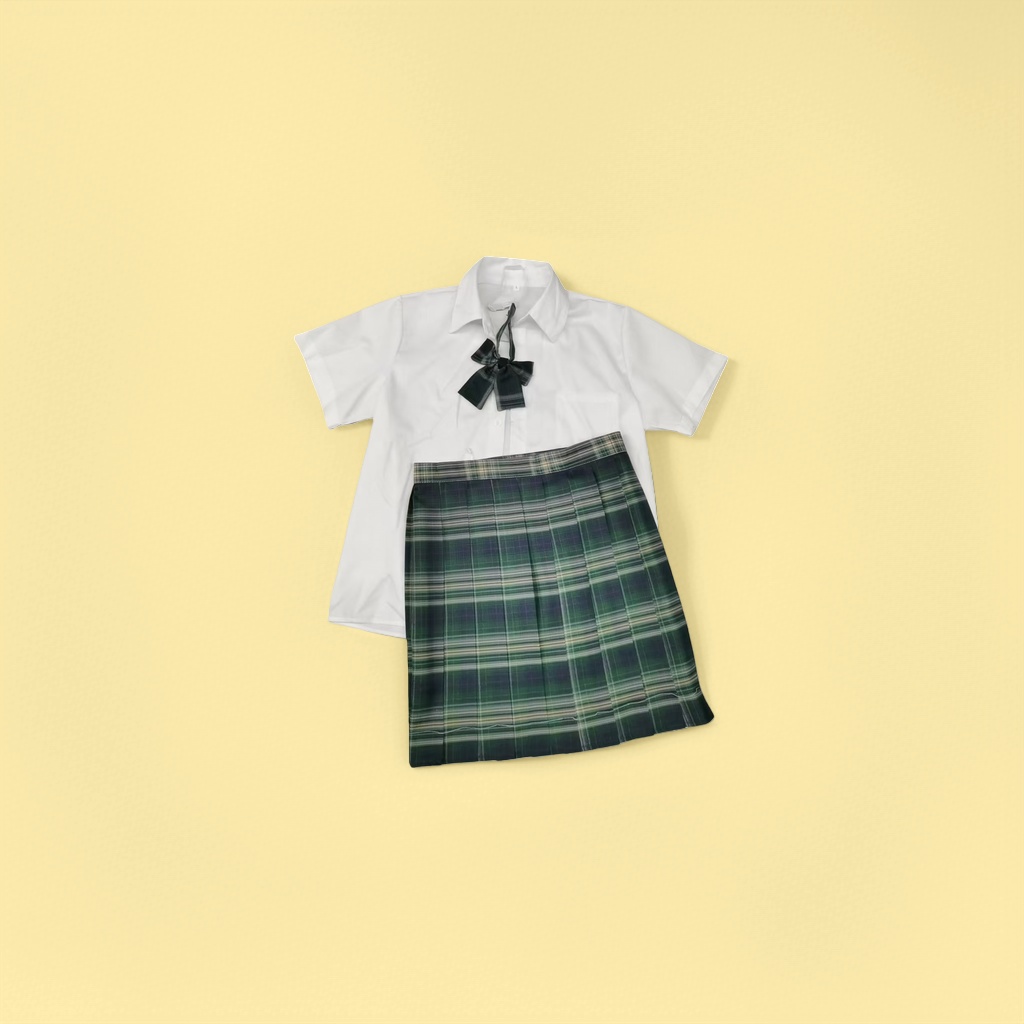 校服白色短袖衬衫配格子裙领结套装