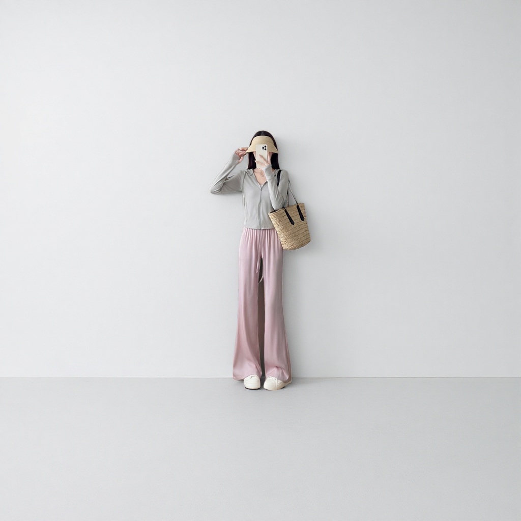 Pink high-waisted slimming casual pants, a versatile women's long pants for models details Picture
