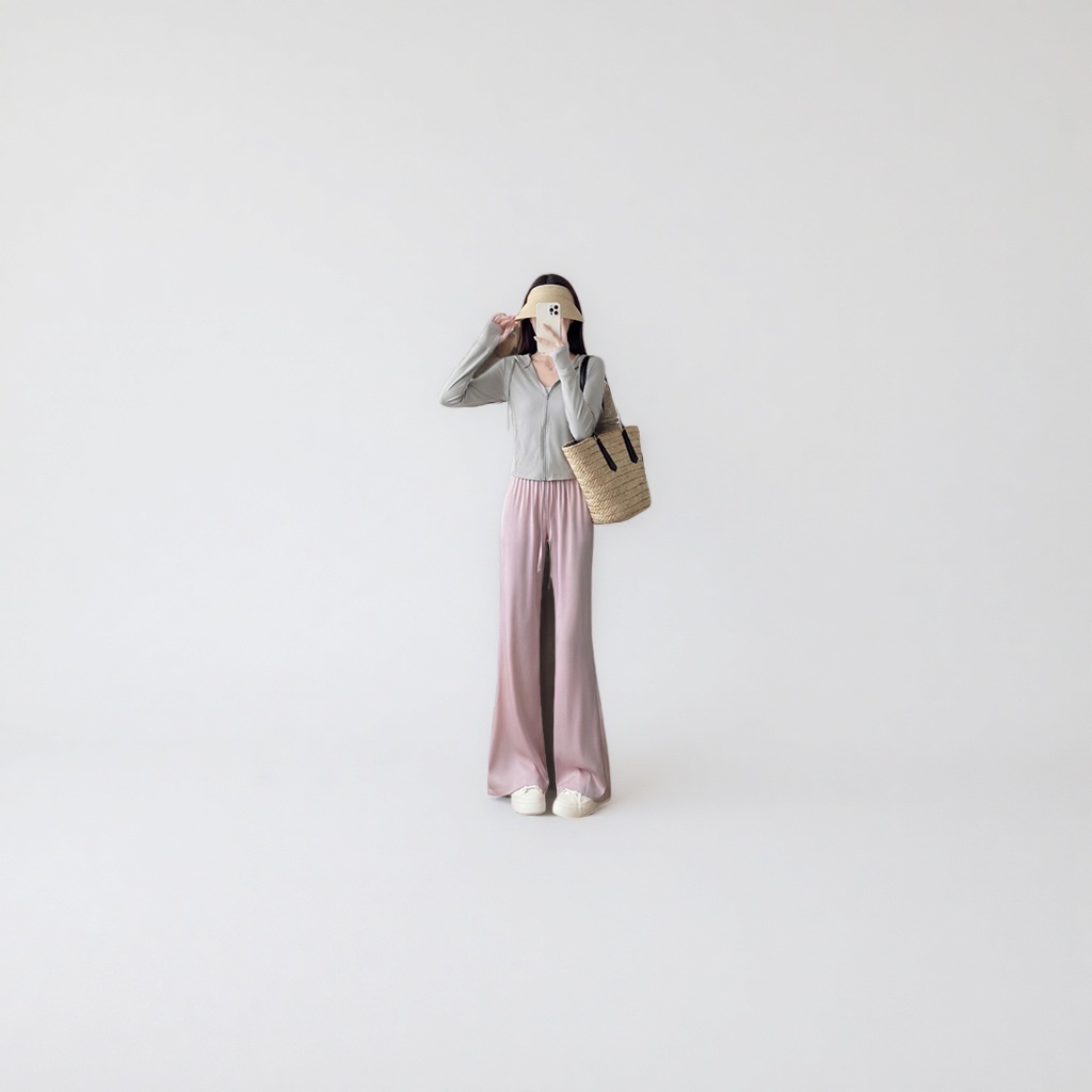 Pink high-waisted slimming casual pants, a versatile women's long pants for models Application Scenario