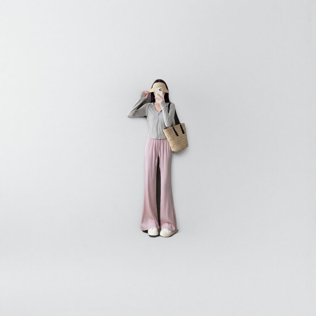 Pink high-waisted slimming casual pants, a versatile women's long pants for models
