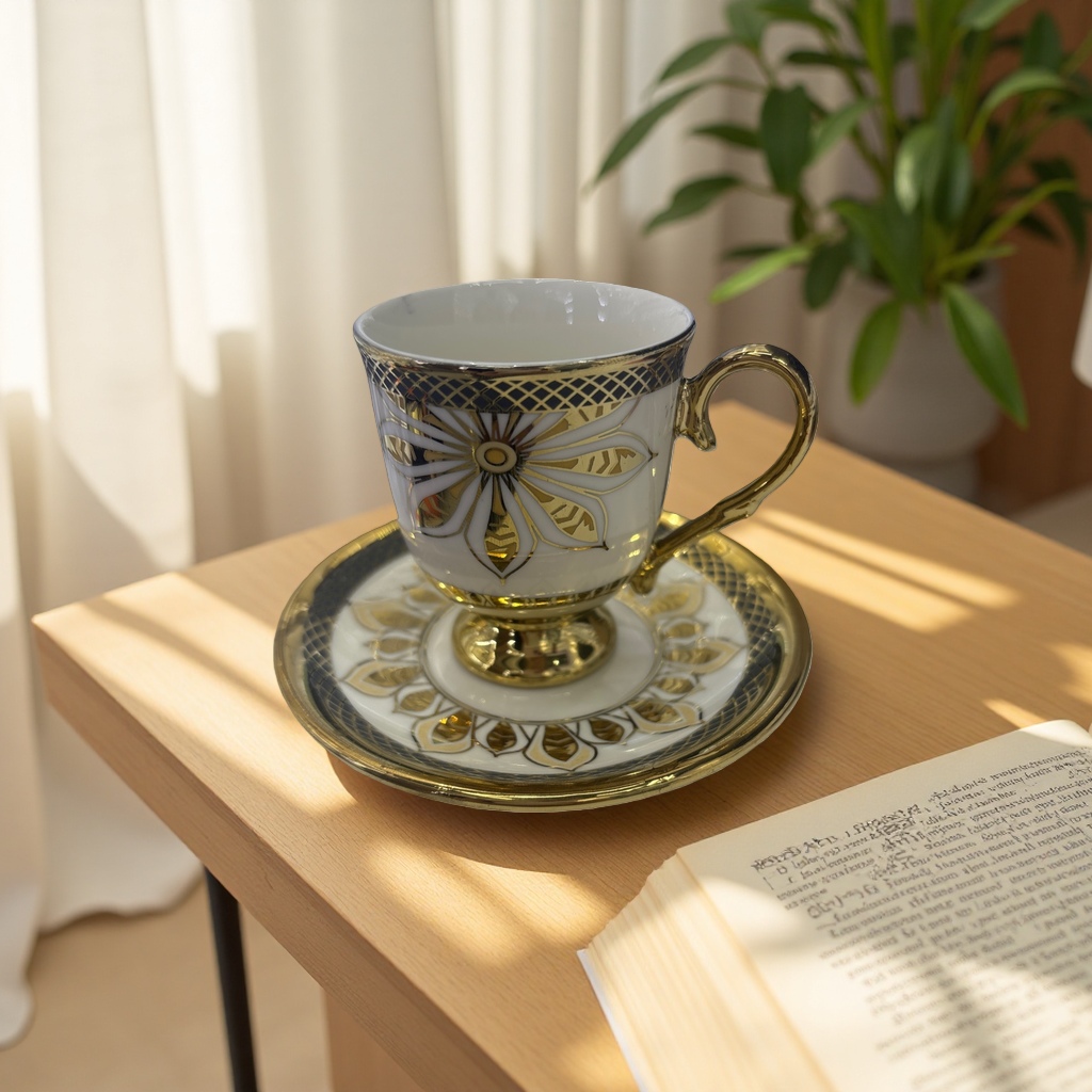 精致金色花纹陶瓷茶杯配茶托套装陶瓷咖啡杯套装产品图
