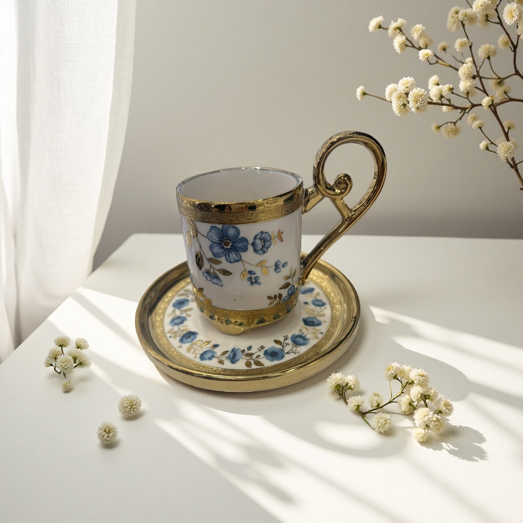 蓝色花卉图案茶杯与茶托套装 陶瓷家用下午茶配件陶瓷咖啡杯套装