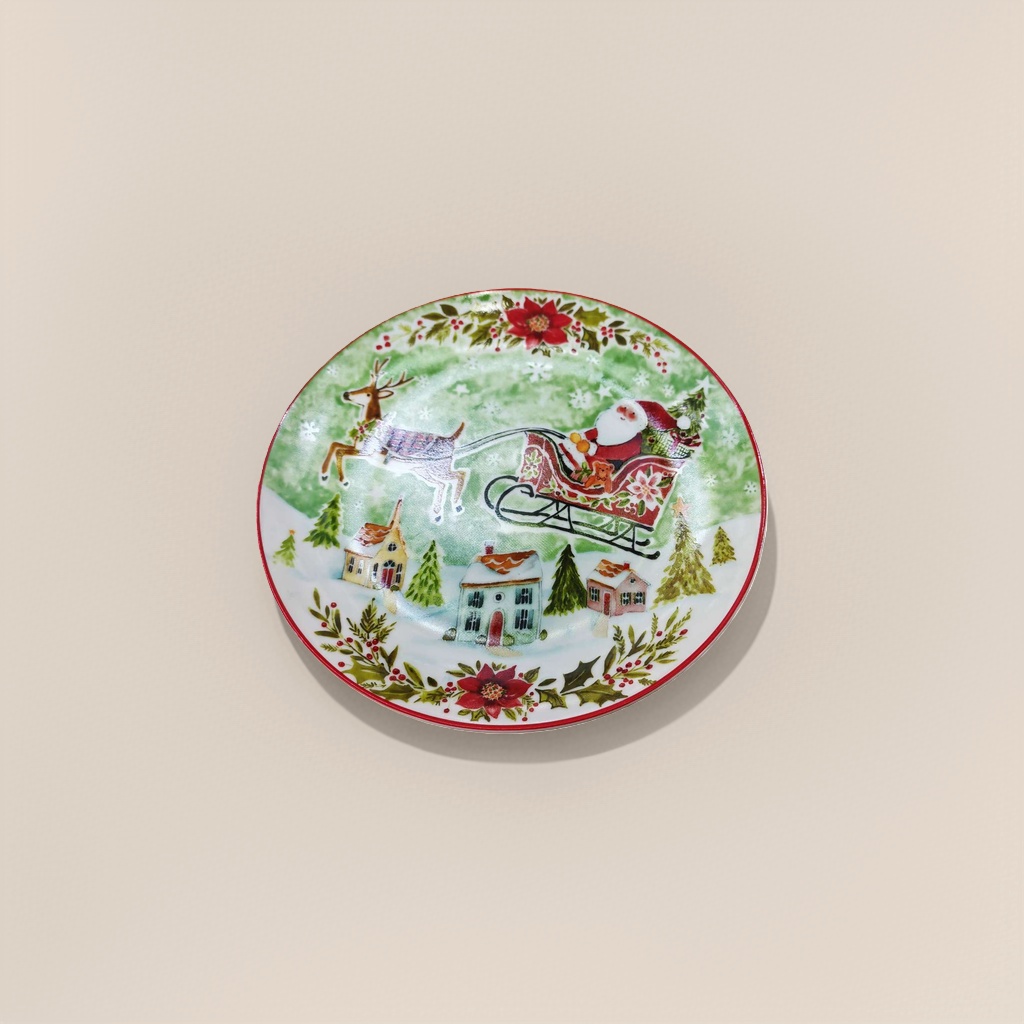 Christmas-themed ceramic plates, festive decorative dinner plates, red, green and gold color schemes, household tableware details Picture
