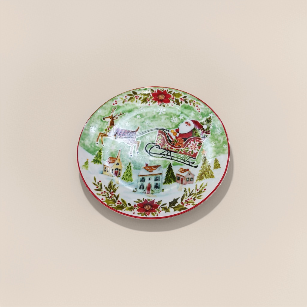 圣诞主题陶瓷盘子 节日装饰餐盘 红绿金配色家用餐具