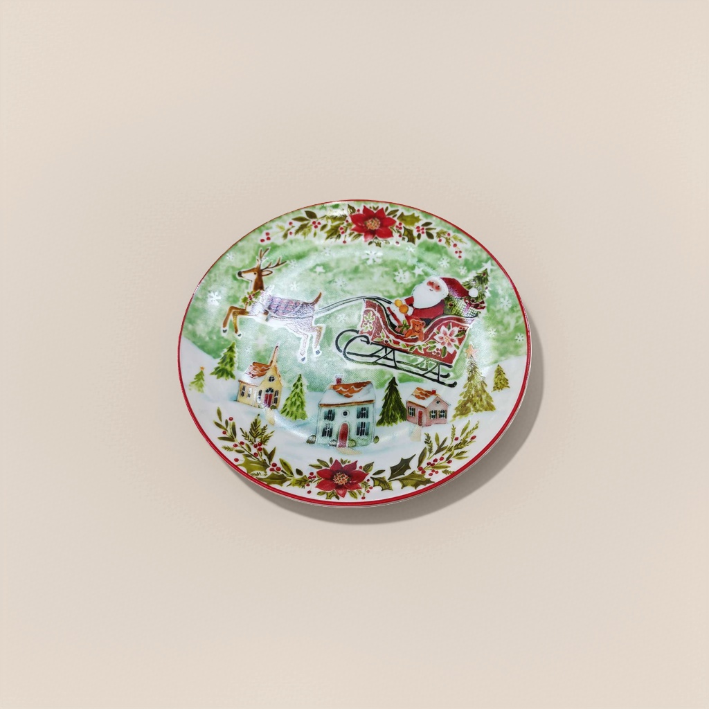 Christmas-themed ceramic plates, festive decorative dinner plates, red, green and gold color schemes, household tableware Application Scenario