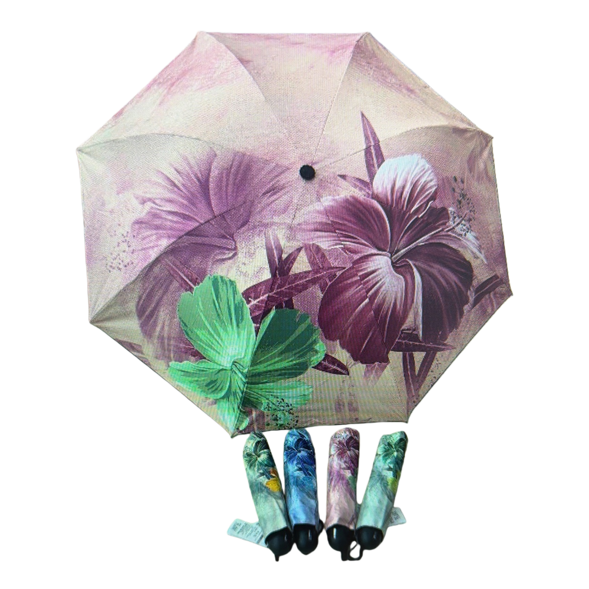 Floral pattern high-density impact-resistant fabric umbrella, three-fold portable, windproof and sun-proof Item Picture