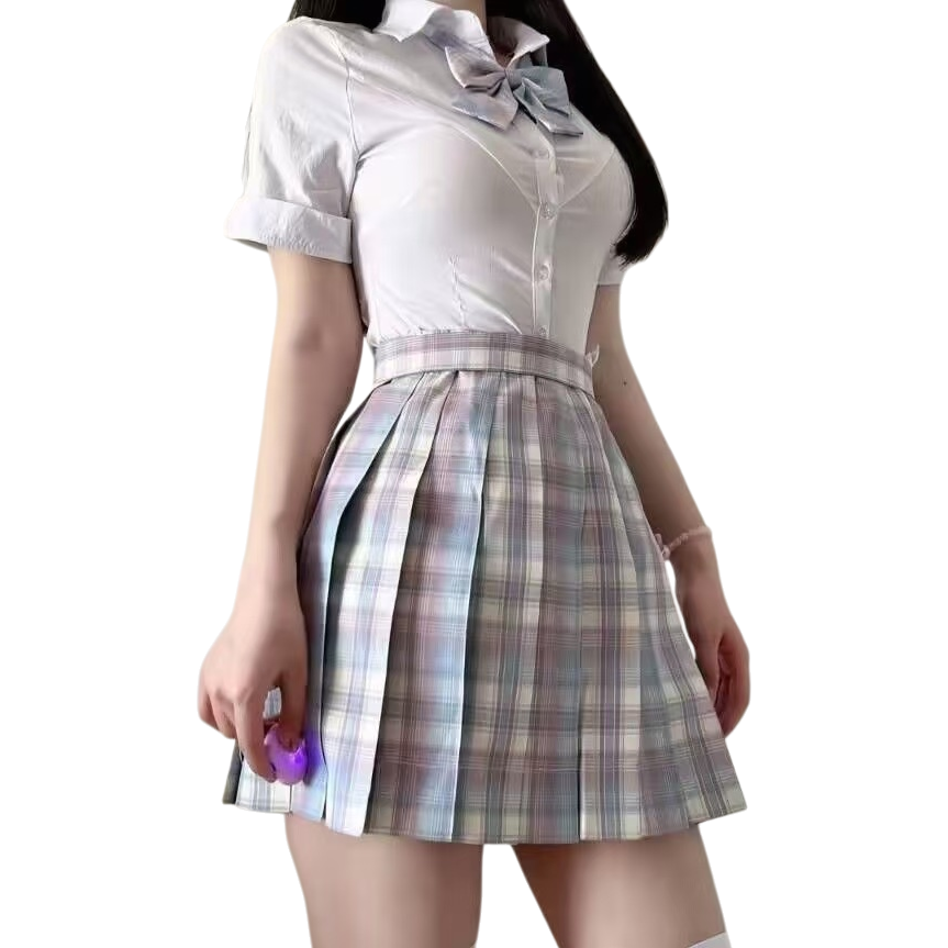 校服风格女生修身百搭短袖衬衫百褶半身裙套装春秋日常通勤白底实物图
