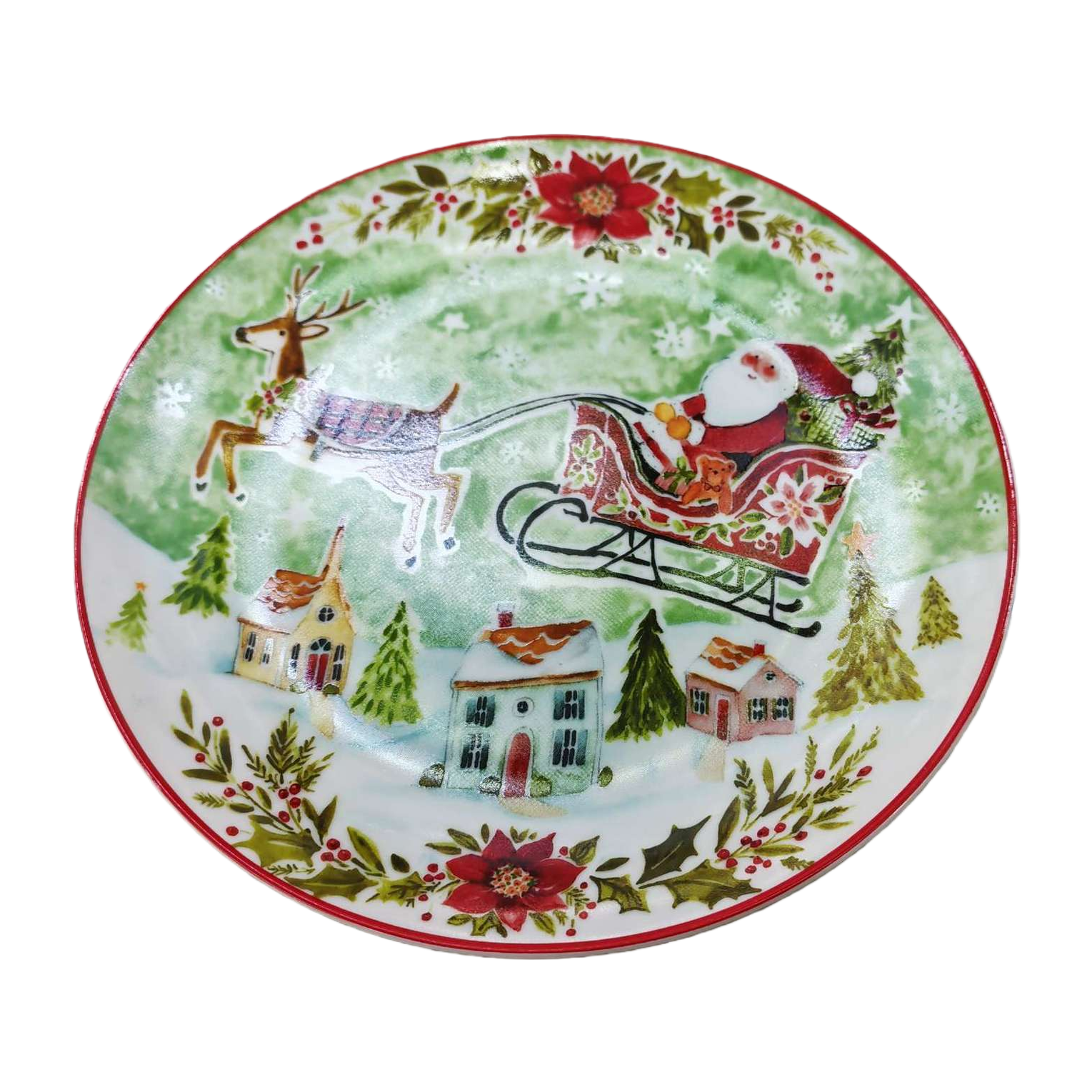 Christmas-themed ceramic plates, festive decorative dinner plates, red, green and gold color schemes, household tableware Item Picture