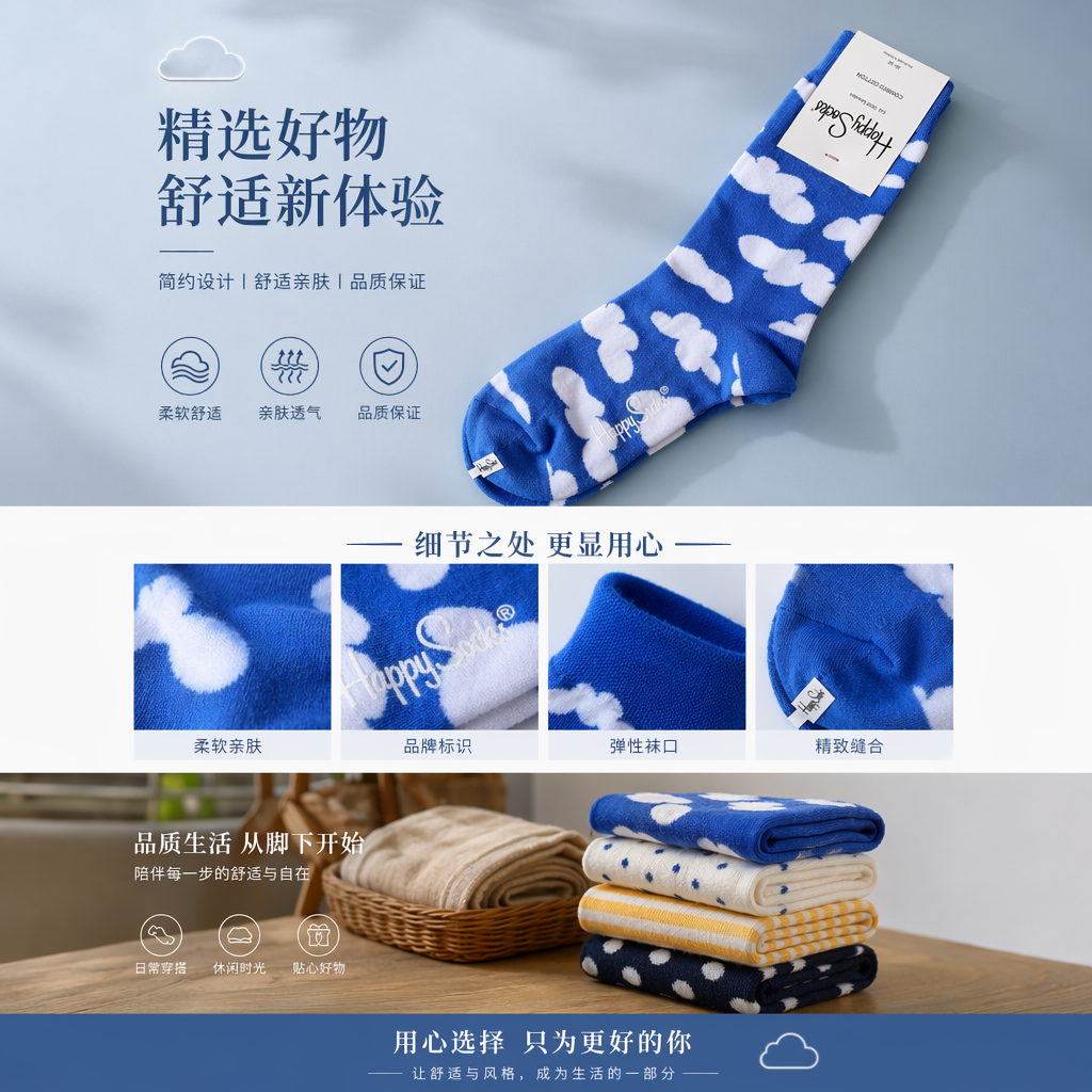 蓝色云朵图案袜子 男女同款纯棉中筒袜详情1