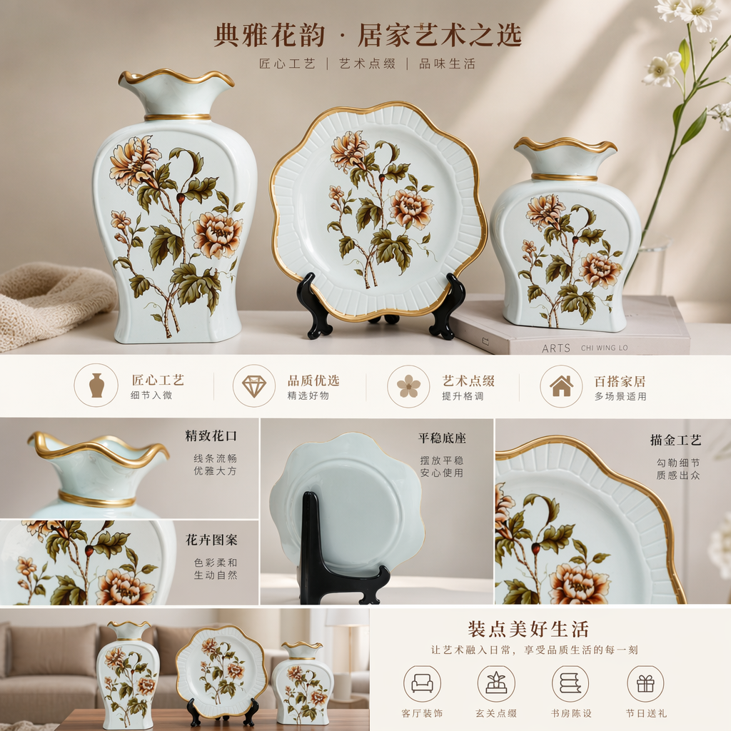 2026 New Style Ceramic Vase and Ceramic Plate Set, Hotel and Home decoration tableware set, simple Nordic-style ceramic vase pic 1