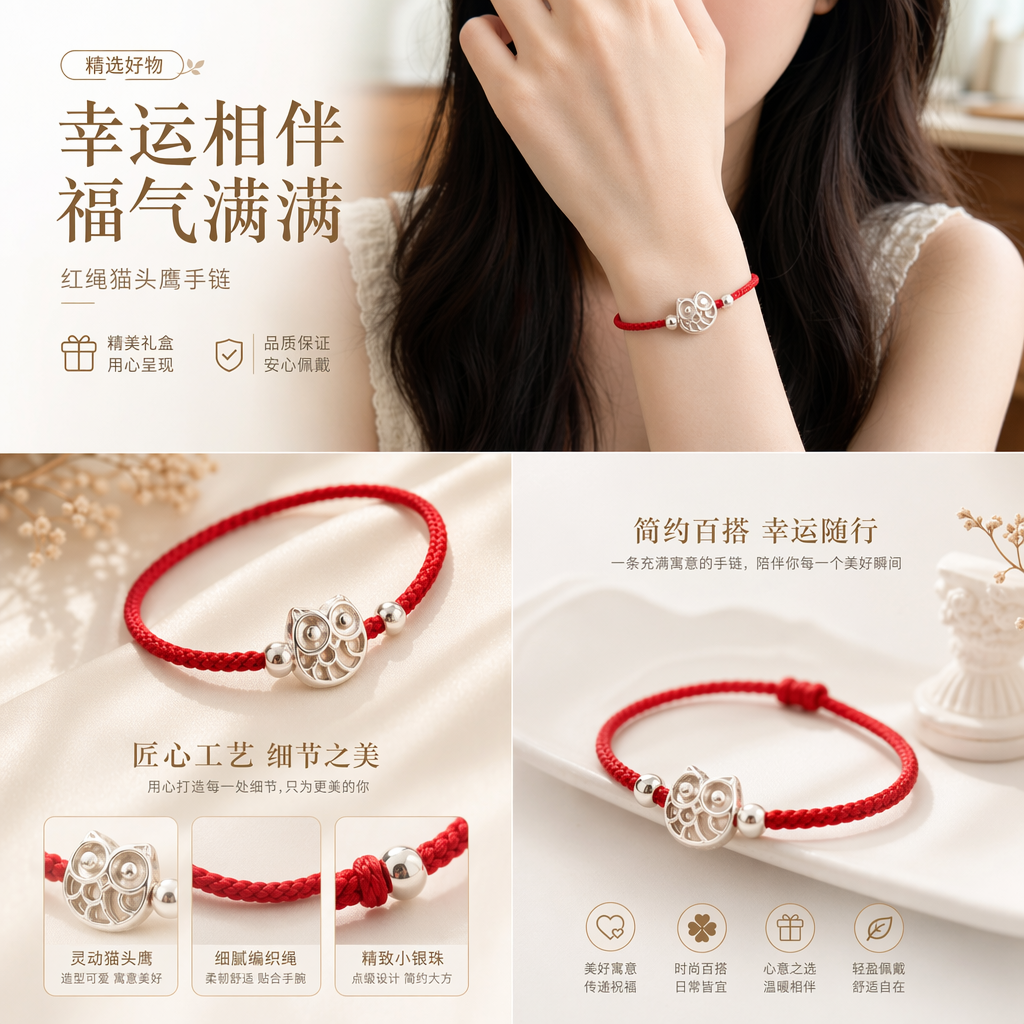 A fashionable and simple couple's style with a red rope bracelet and a silver owl pendant pic 1