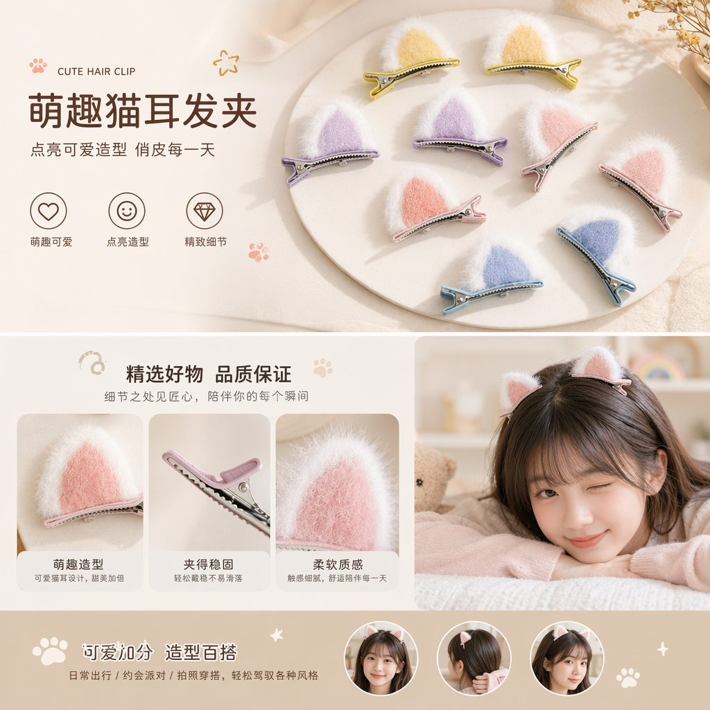 毛绒兔耳朵发夹 女童可爱卡通发饰 一对装详情1