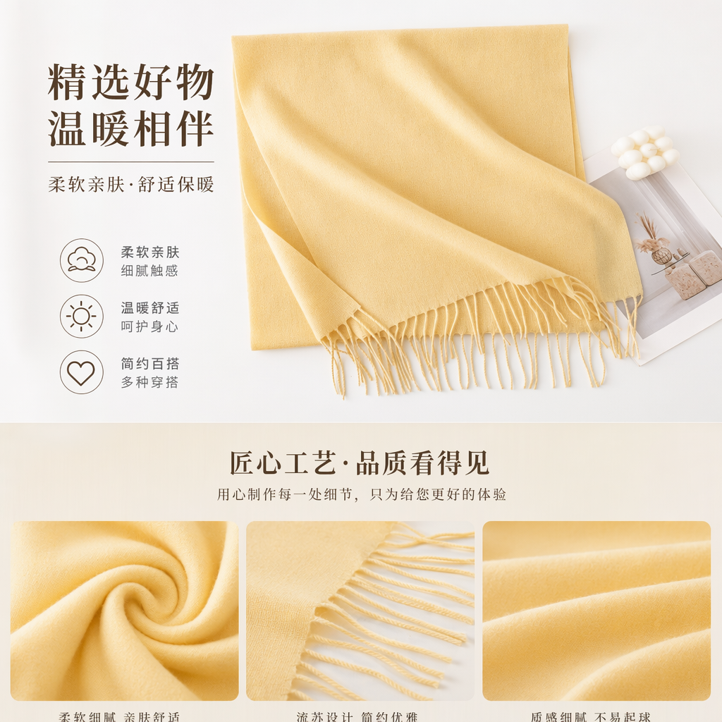 浅黄色羊绒围巾秋冬保暖百搭女士围巾详情1