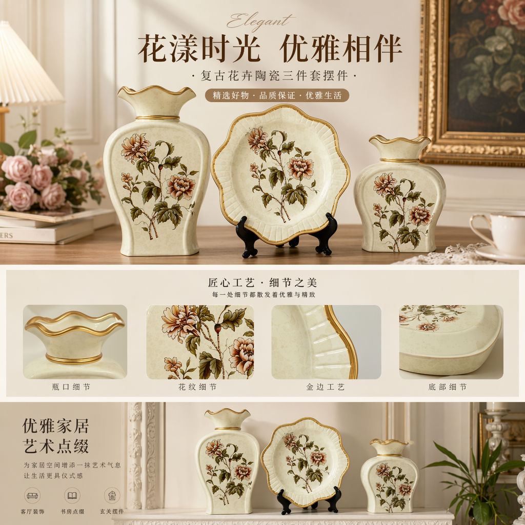 2026 New style Ceramic Vase with hotel and home patterns, golden border vase and plate decoration, ceramic vase pic 1