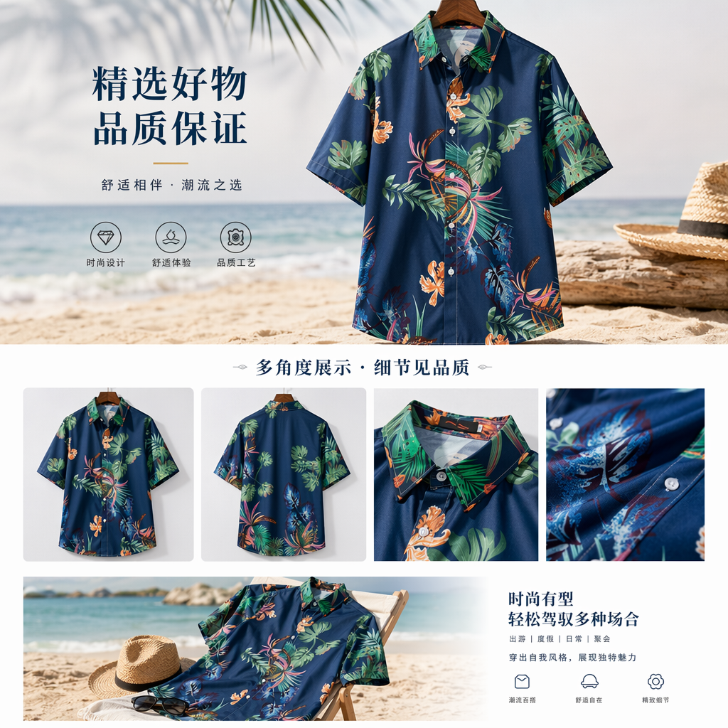 热带印花衬衫 男士短袖休闲上衣 夏季透气纯棉详情1