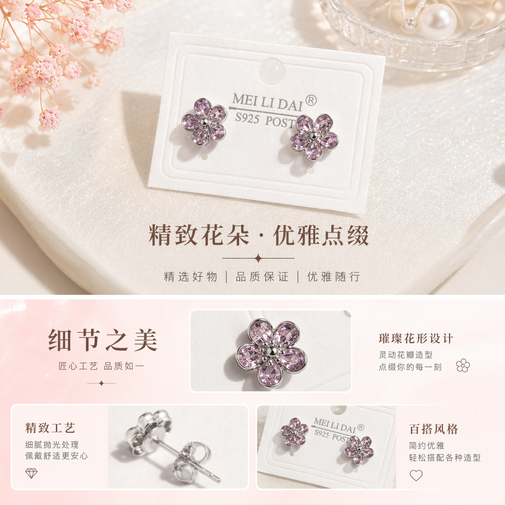 粉色花朵耳钉 时尚简约耳饰 女士百搭耳钉详情1